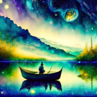 Colorful illustration of person fishing in hat on serene lake with mountains and galaxy.