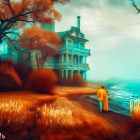 Vibrant surreal landscape: quaint house, lush vegetation, teal sky