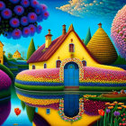 Colorful Cottage Painting in Fantastical Garden at Twilight