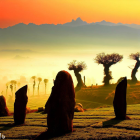 Misty savannah sunrise with silhouetted trees and hills