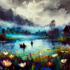 Tranquil lake scene with rower, water lilies, cabin, misty forests