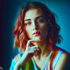 Woman with ombre hair and red lips in thoughtful pose under colorful lighting