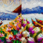 Mountainous Lakeside Village Painting with Colorful Flowers & Boats