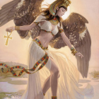 Majestic figure in golden armor with brown wings among clouds