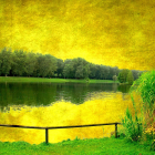 Yellow-Toned Landscape Painting with Serene Lake and Lush Foliage