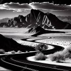 Monochrome desert landscape with winding road, mountains, clouds, and shrubbery