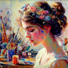 Woman with Floral Crown Surrounded by Paint Splatters and Brushes