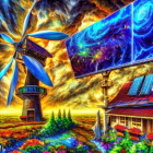 Colorful surreal landscape with windmills, flower field, cosmic sky