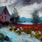 Scenic painting of cozy cabin at twilight with colorful flowers