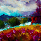 Vibrant Landscape Painting: Red Flowers, Lake, Mountains, Sunset Sky