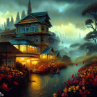 Traditional building illuminated on rainy night with tulips and misty hills