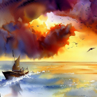 Sunset at sea watercolor painting with boat and dinghy in waves