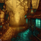 Cobblestone Street with Crooked Houses in Misty Ambiance