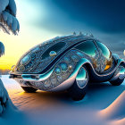 Ornate futuristic vehicle in snow-covered twilight