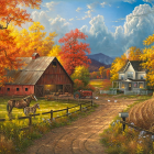 Scenic autumn landscape with cottages, orange trees, and garden.