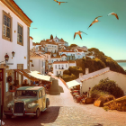 Vintage Car Parked on European Cobblestone Street