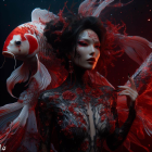 Dark-haired woman with red makeup and koi fish on dark background with red floral accents.