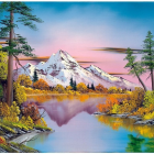 Serene landscape: lake, pine trees, boulders, snow-capped mountain, pastel