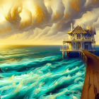 Ornate houseboat on vibrant sea with sunset sky and wooden pier