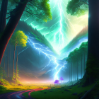 Vivid Fantasy Landscape with Lightning Storm and Glowing River