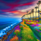 Vibrant sunset scene: tropical beach with palm trees, colorful flowers, serene ocean