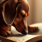 Brown Dachshund Reading Book Closely