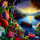 Scenic lakeside sunset with strawberries, flowers, canoe, and mountains