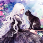 Long white hair woman in dark lacy dress with black and white cat and colorful nebula background