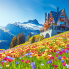 Scenic alpine chalet with wildflowers, snow-capped mountains, and blue sky