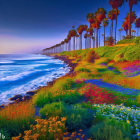 Tropical Beach Scene with Palm Trees and Colorful Flowers