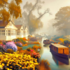 Tranquil river with boats, vibrant flowers, and quaint houses in golden light