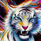 Colorful White Tiger Face Artwork with Psychedelic Paint Splashes