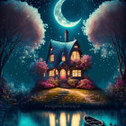 Fantasy night scene with cozy house, vibrant trees, crescent moon, glowing window, and serene