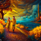 Two individuals in yellow coats walking by a turquoise sea and golden foliage under an amber sky.