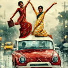 Traditional Indian attire women dance on vintage car in rain backdrop