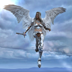 Silver winged humanoid and bird flying in cloudy sky above mountains