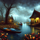 Twilight river canoeing with traditional houses and vibrant flowers