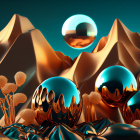 3D landscape with reflective orbs and textured waves on gradient background