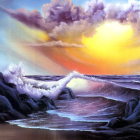 Vivid painting: Tumultuous ocean at sunset with crashing waves and dramatic orange and purple sky