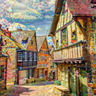 Historic cobblestone street with colorful half-timbered houses and people walking.