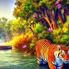 Illustration of tigers in jungle riverbank scene