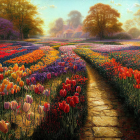 Colorful flower fields, cobblestone path, whimsical trees, and cottage in sunset landscape