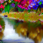 Colorful digital painting of small boat on reflective river with lush flowers.