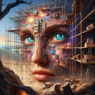 Female face merged with vibrant landscape and buildings in surreal artwork.