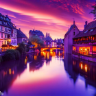 Picturesque European town: vibrant sunset, serene river, traditional houses, illuminated lights.