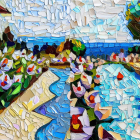 Colorful painting of cottages in blooming gardens with cobblestone path