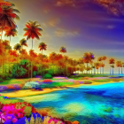 Tropical Beach Sunset with Colorful Flora and Fauna