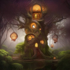 Enchanting treehouse in mystical forest with glowing windows