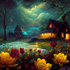 Digital artwork: Cozy night scene with illuminated cottages, pond, flowers, trees, starry