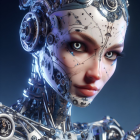 Female humanoid robot with intricate blue-eyed details on dark bokeh-lit background